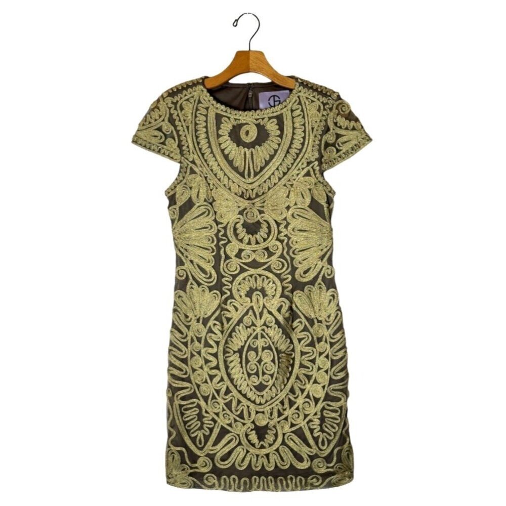JS Collections Dress Women‎ 6 Gold Cap Sleeve Embroidered Sheath Mini Cocktail